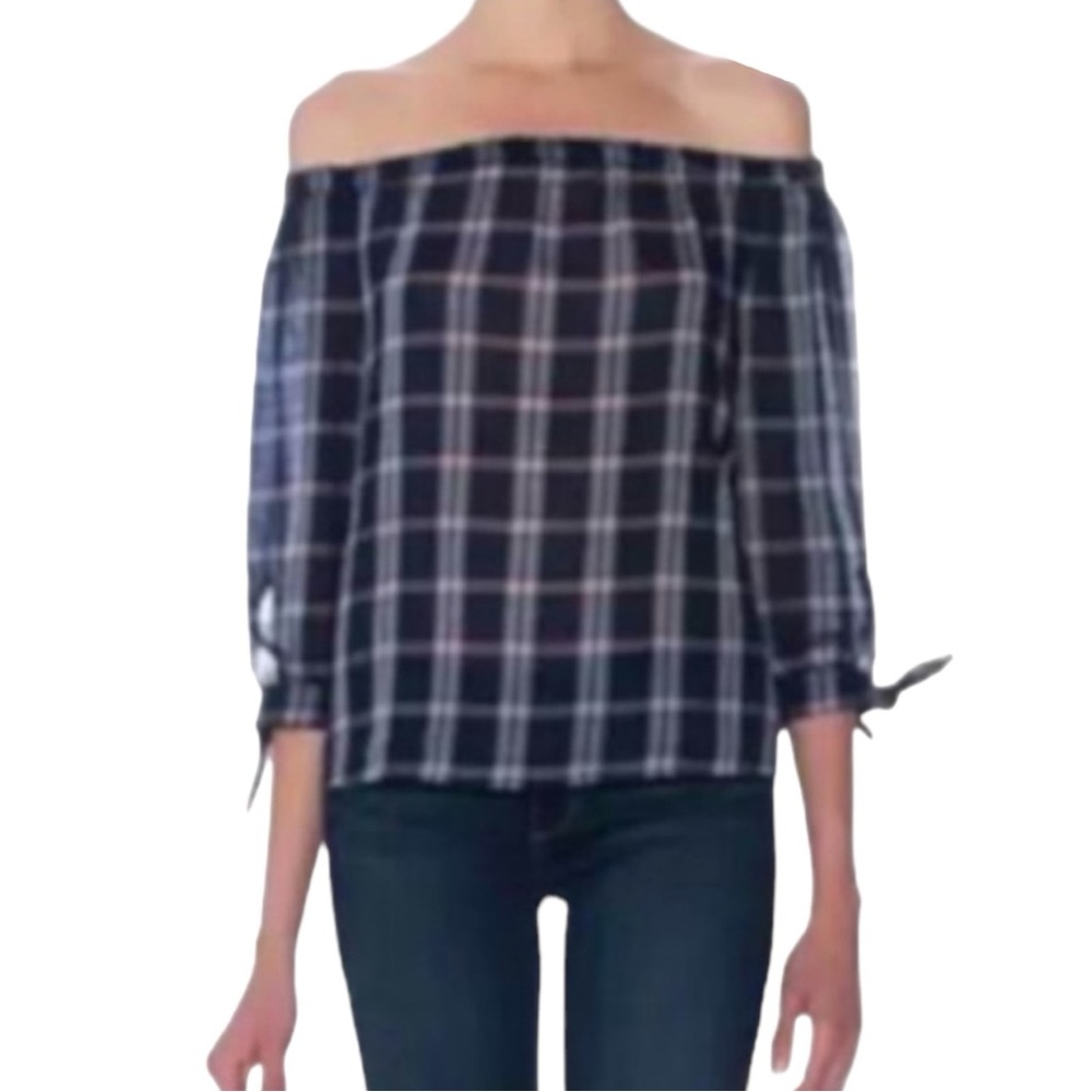 Paige Blue Plaid Atonia 100% Cotton Off the Shoulder Top / Blouse size medium